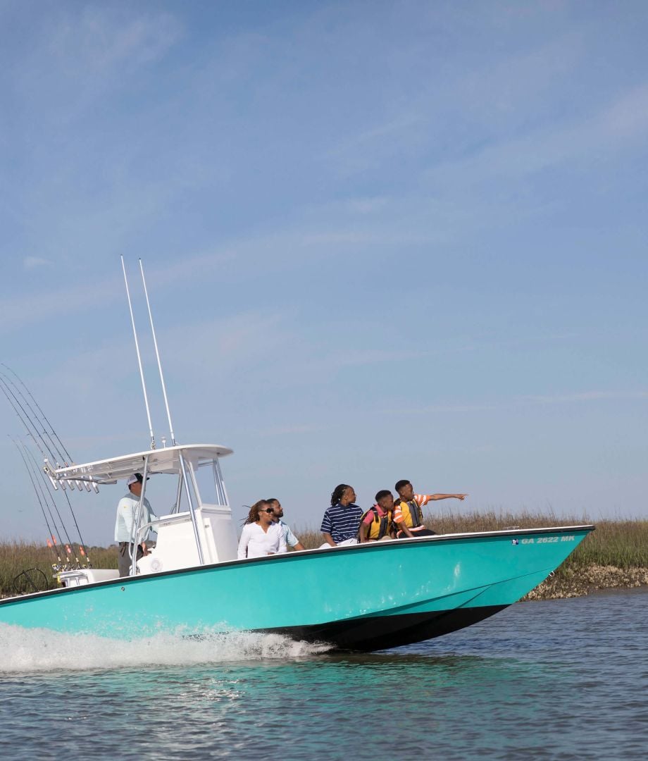 family on fishing boat