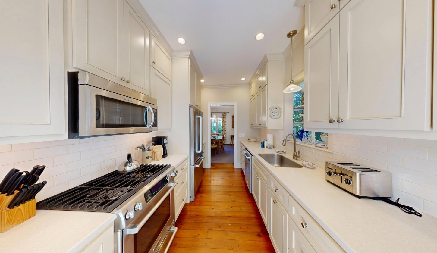 A bright kitchen with stainless steel appliances