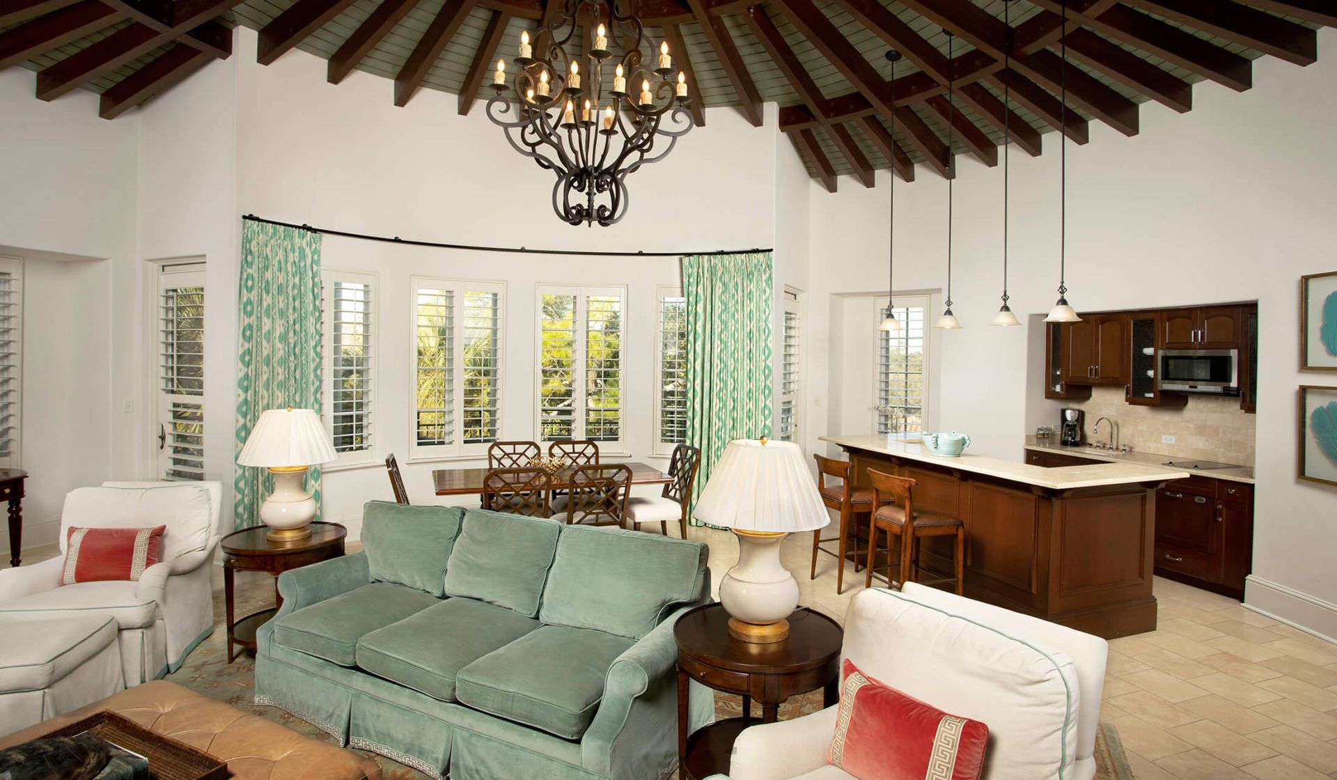 Living room, dining area and kitchen from a Sea Island Cottage