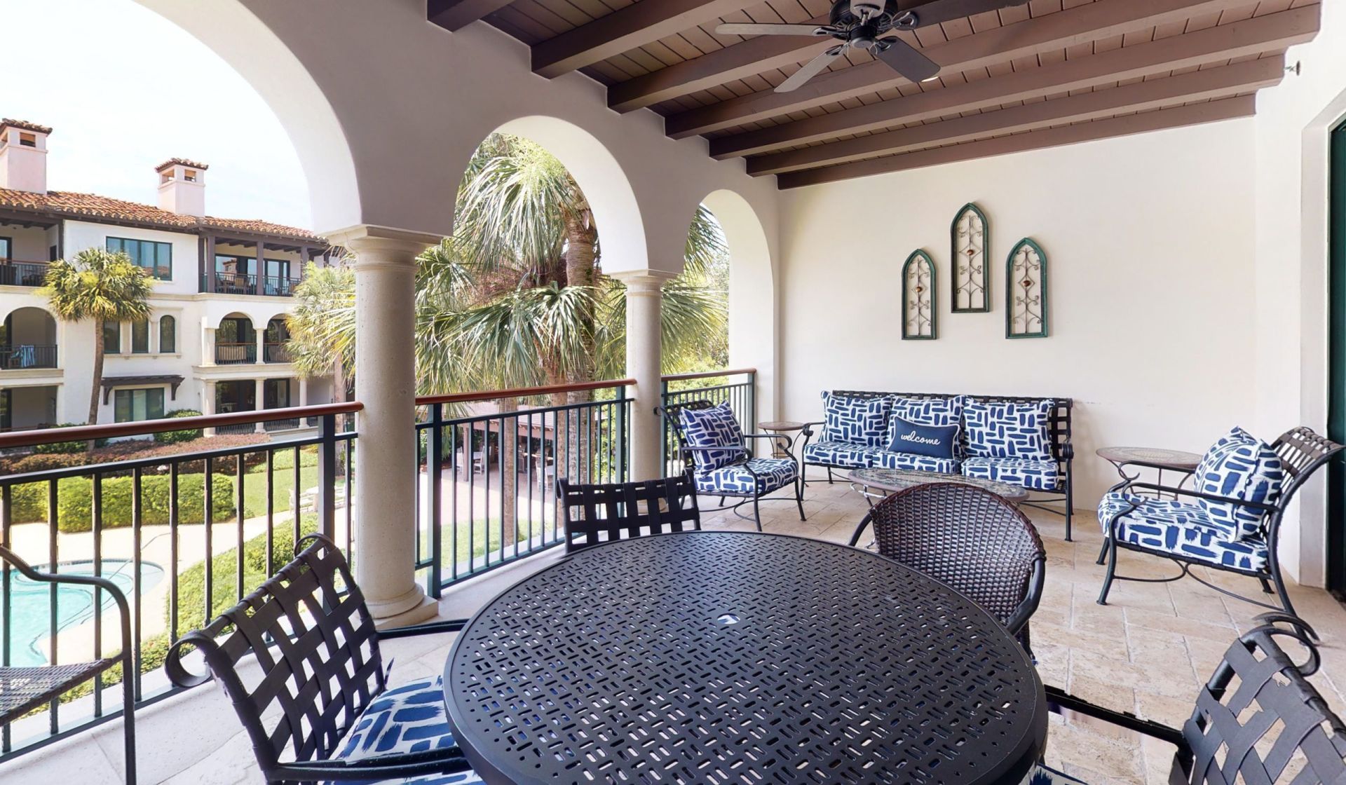 large balcony over looking pool area