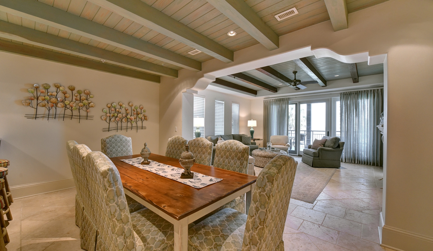 Dining room table with view of living room