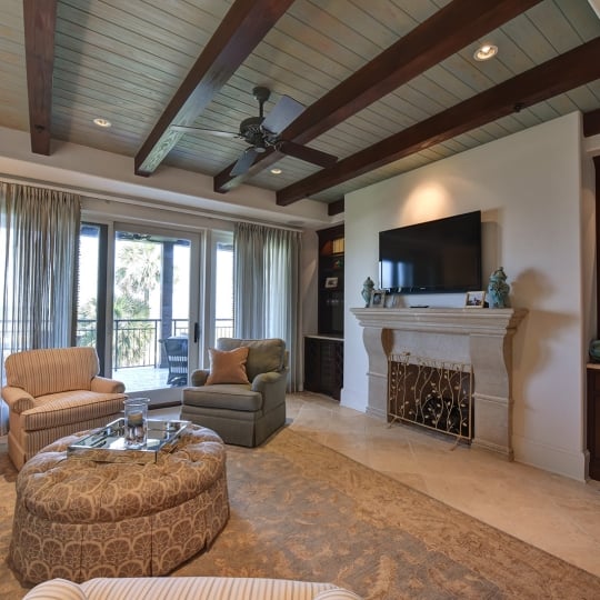 Living room with balcony and fireplace