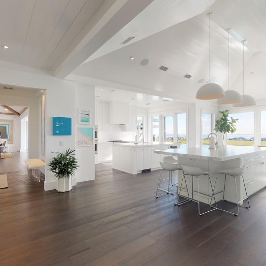 kitchen, dining room, sea island, open