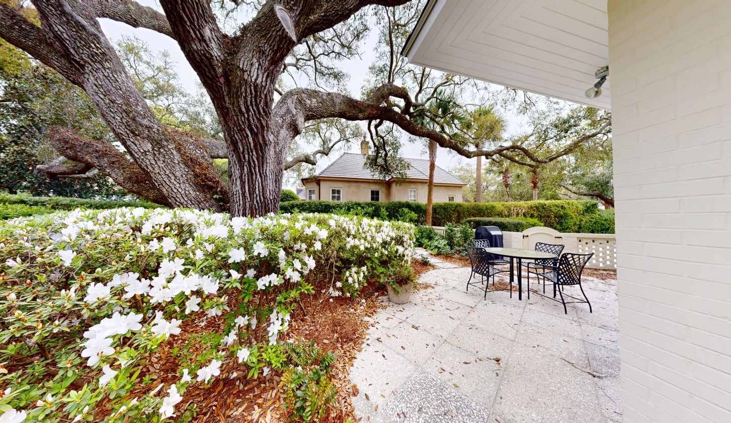 An outdoor patio with white flowers around the outside