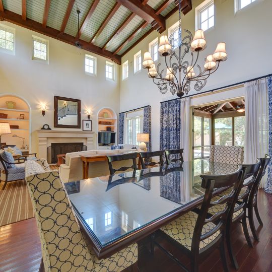 Dining room table with view of living room