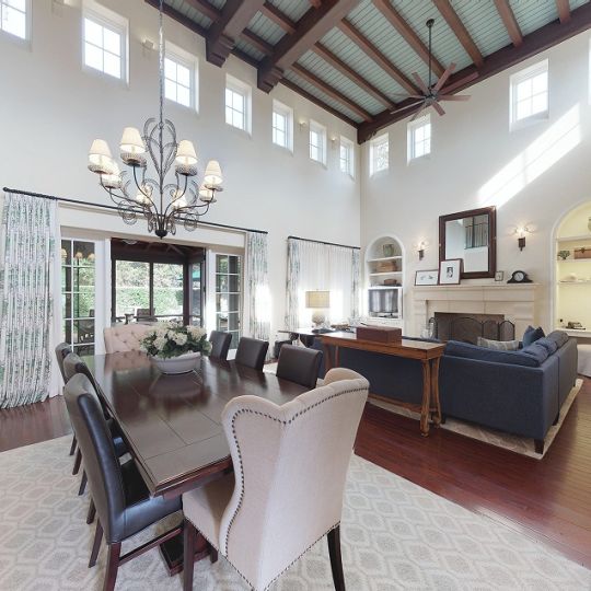 Dining room table with view of living room