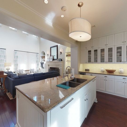 Kitchen island with view of living room