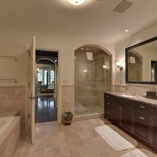 Large bathroom with walk-in shower and soaker tub