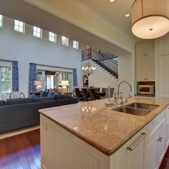 Kitchen island with view of living room
