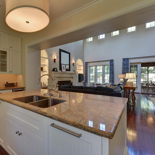 Kitchen island with view of living room