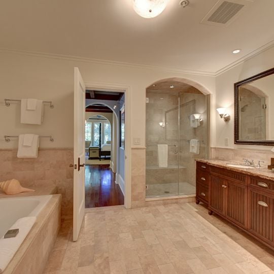 Large bathroom with walk-in shower and soaker tub