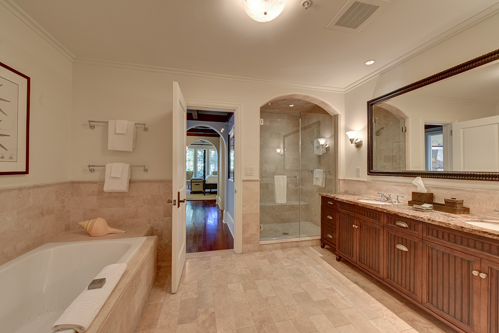 Large bathroom with walk-in shower and soaker tub
