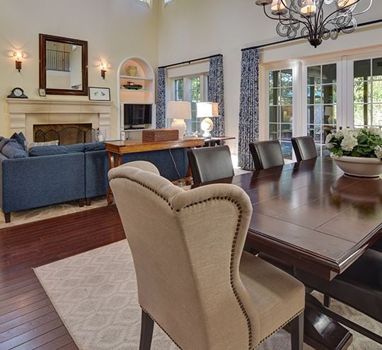 Dining room table with view of living room