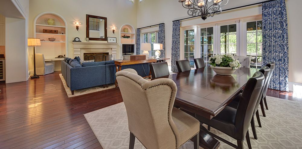 Dining room table with view of living room