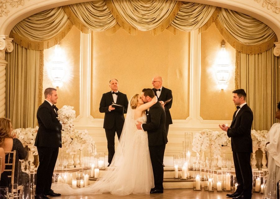 Bride and groom kissing