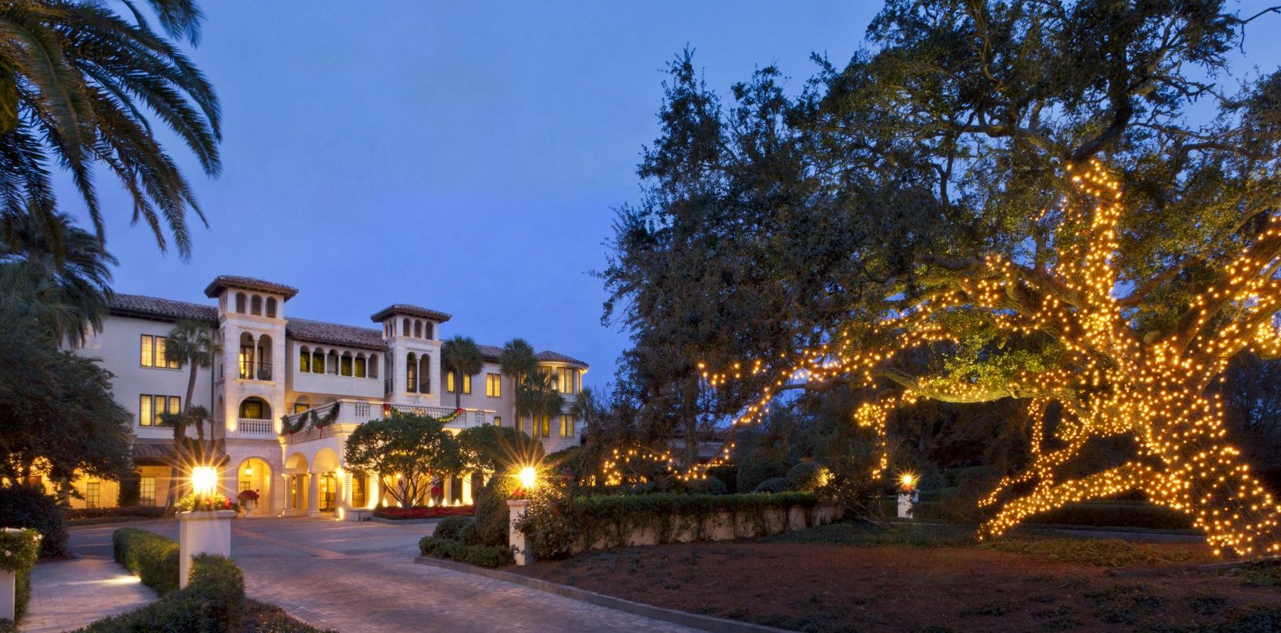 The Cloister exterior front entrace at dusk