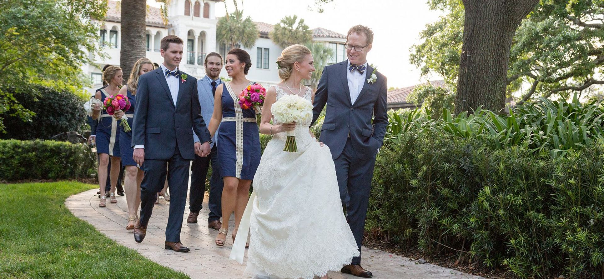 wedding party walking outside at Sea Island