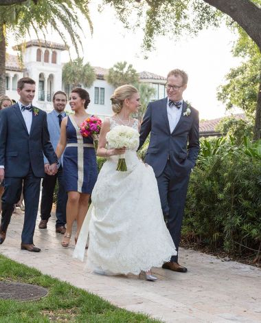 wedding party walking outside at Sea Island