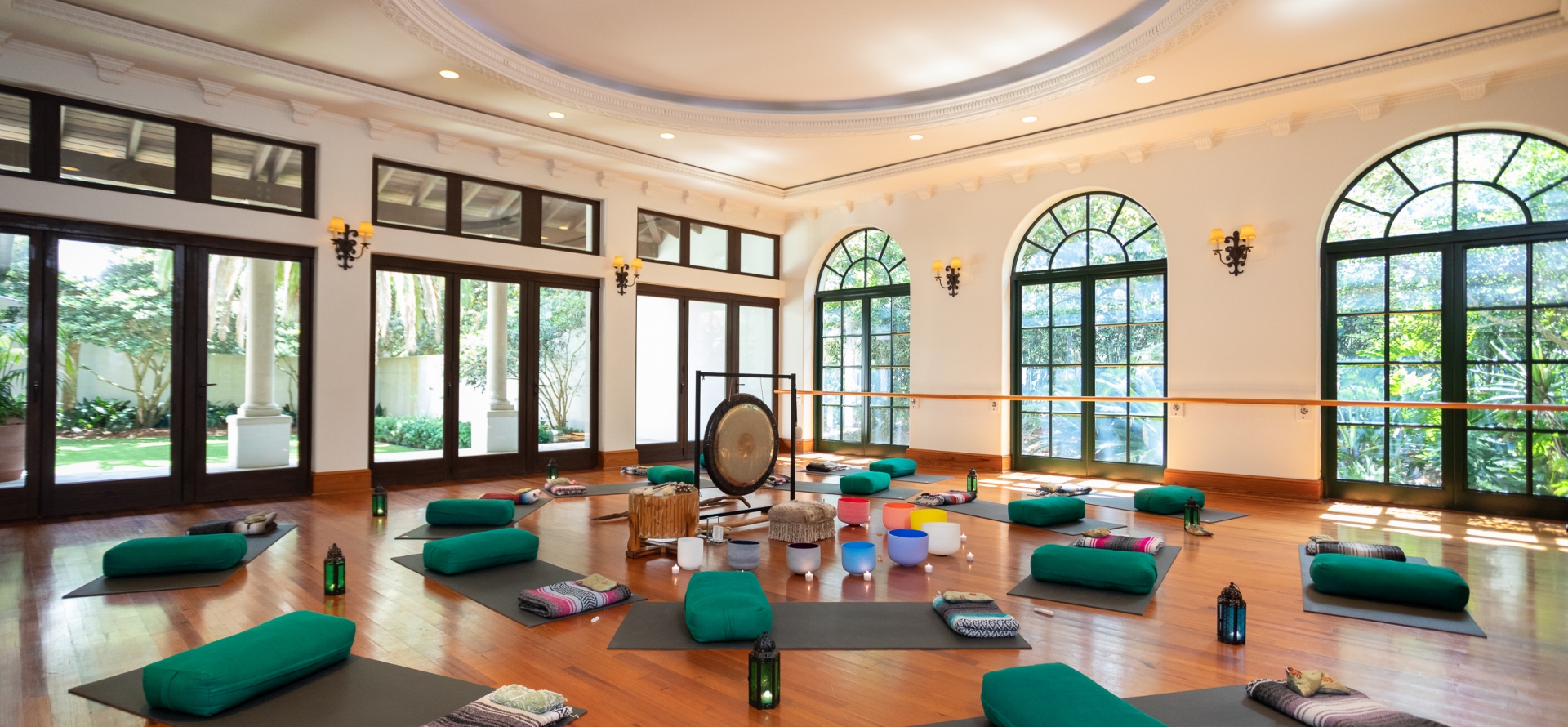 Sound meditation room with mats and singing bowls