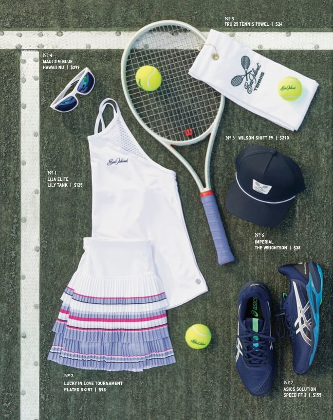 A set of tennis products laid out on a tennis court, with annotations next to them: Nọ 1 Lija Elite Lily Tank | $125; Nọ 2 Lucky in Love Tournament Plated Skirt | $98; Nọ 3 Wilson Shift 99 (tennis racquet) | $290; Nọ 4 Maui Jim Blue Hawaii Nu (sunglasses) | $299; Nọ 5 Tru 25 Tennis Towel | $24; Nọ 6 Imperial The Wrightson (ballcap) | $38; Nọ 7 Asics Solution Speed FF 3 (tennis shoes) | $155;
