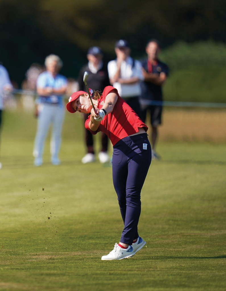 2GG4YFX Team USA's Emilia Migliaccio plays her second shot on the 4th hole during the 2021 Curtis Cup Day 3 - Singles at Conwy Golf Club, Conwy, Wales on Satu