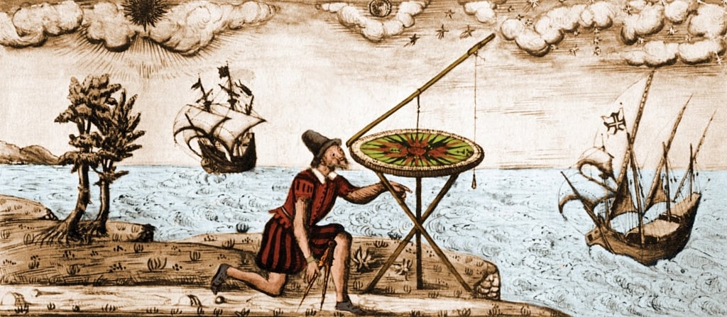 Illustration of a man using a circumferentor, or surveyor's compass, a forerunner of the theodolite (a more sophisticated sextant that can measure both a horizontal and a vertical angle through a full 360°), from an illustrated book on cosmography by Jac