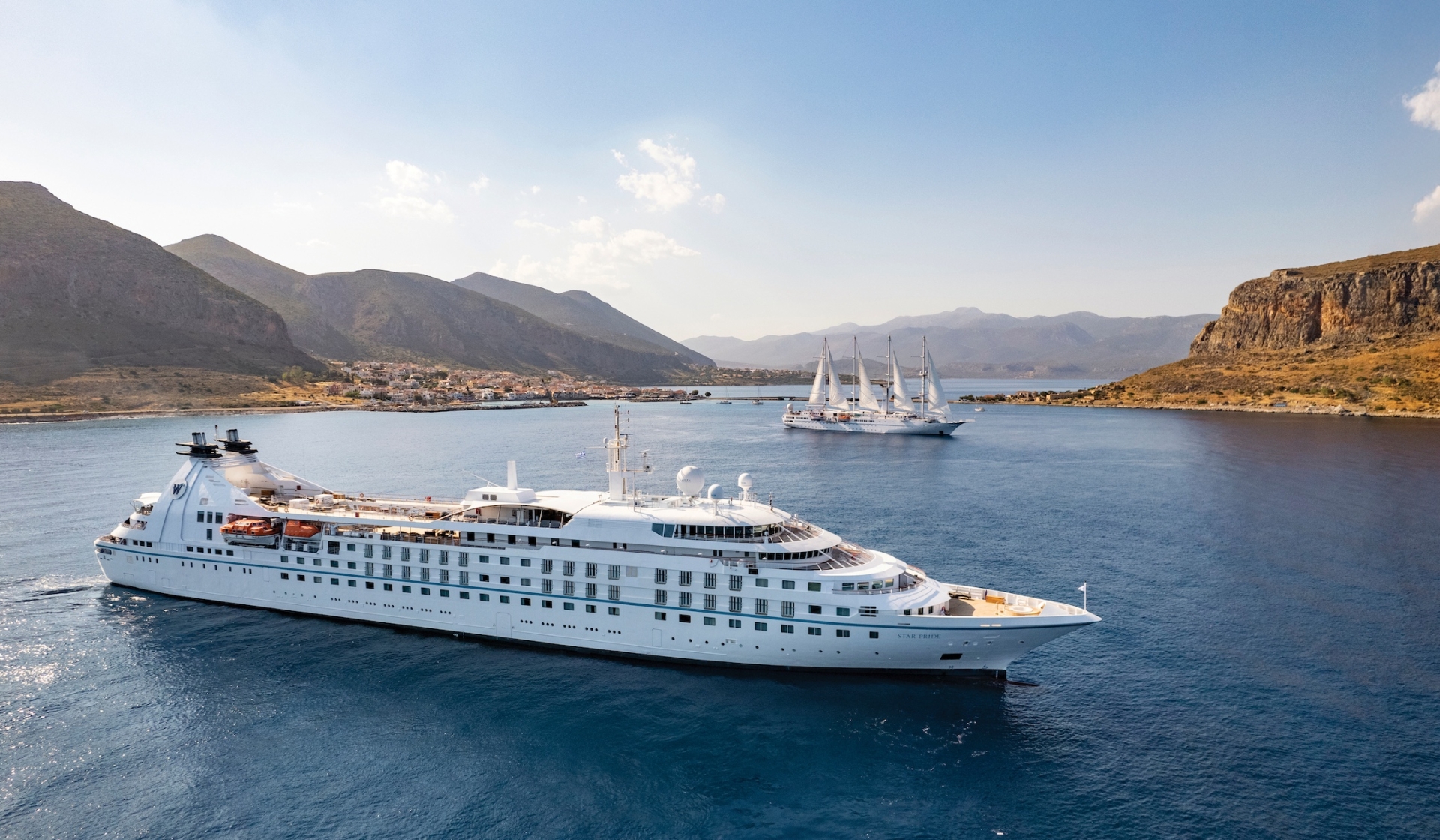 Windstar ships along the coastline of Monemvasia, Greece