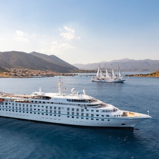 Windstar ships along the coastline of Monemvasia, Greece