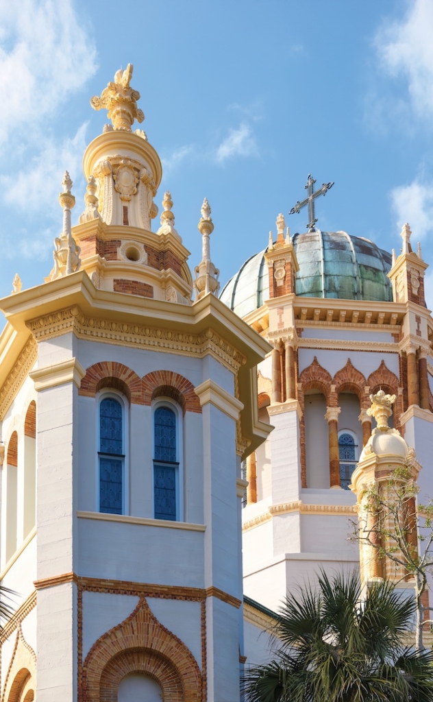 Close-up view of the basilica and gables of the Cathedral Basilica of St. Augustine