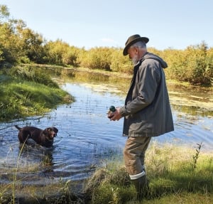 Senior hunter hunt on ducks in autumn, in lake. Dog help him to hunt, man holding duck in hands, dog look at duck