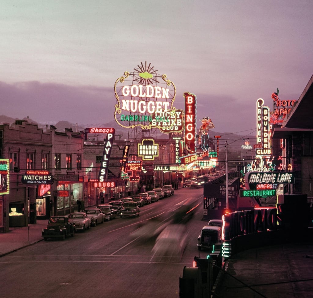 1940s GOLDEN NUGGET AND OTHER CASINOS HOTELS SHOPS NEON SIGNS ALONG STRIP FREMONT STREET AT TWILIGHT LAS VEGAS NEVADA USA - asp_1279_025 ASP001 HARS SOUTHWEST STRIP FREMONT STREET BINGO HOTELS LAS VEGAS TWILIGHT CASINOS OLD FASHIONED SOUTHWESTERN