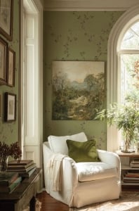 A white chair in the corner of an elegantly decorated green room
