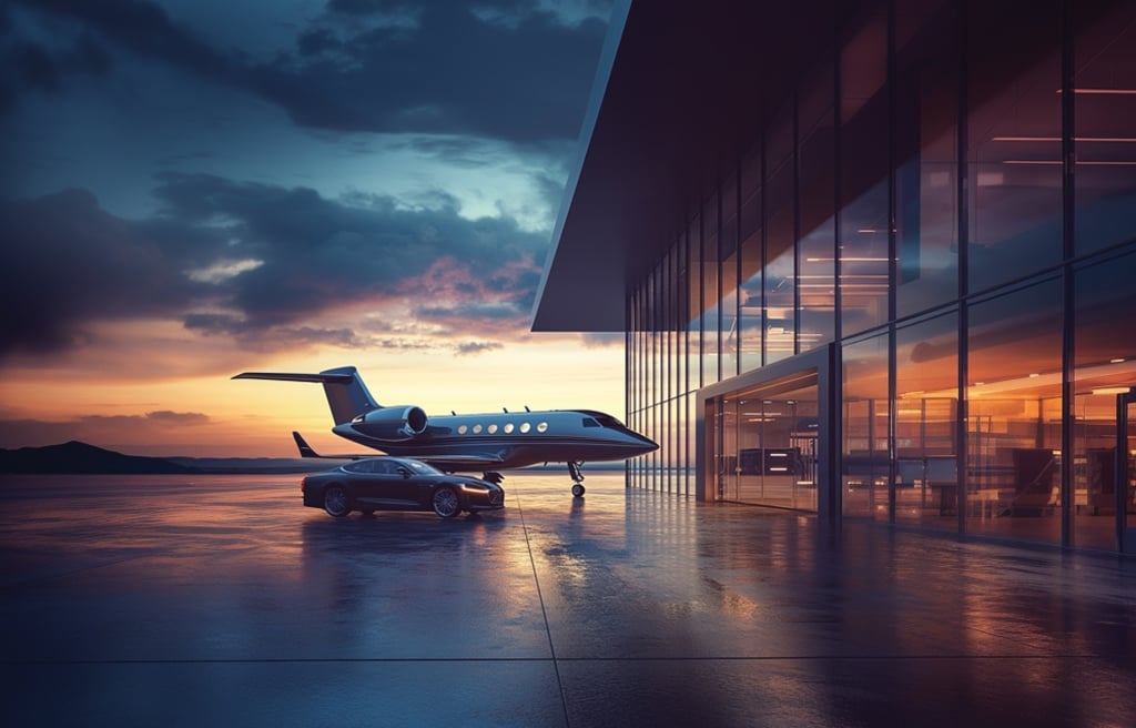 Sentient Jet charter parked at a private airfield