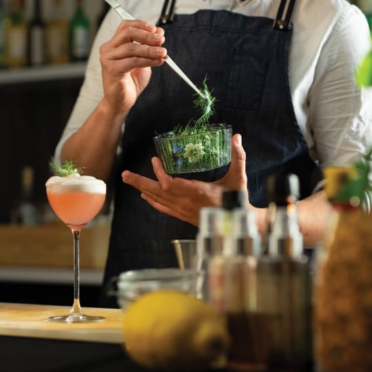 A White Male Bartender Wearing a White Shirt and a Dark Grey Apron Preparing a Pink Cocktail in a Fancy Glass Garnishing it With Green Herbs.