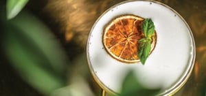 Top view of a frothy cocktail garnished with a dried citrus slice and fresh basil leaves on a reflective golden surface.