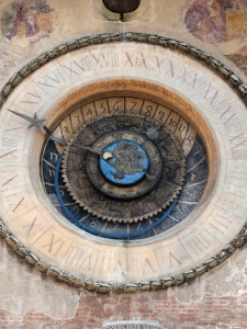 Clock tower of Palace of Reason (Palazzo della Ragione with the Torre dell'Orologio) in Mantua, Italy on June 04, 2017.