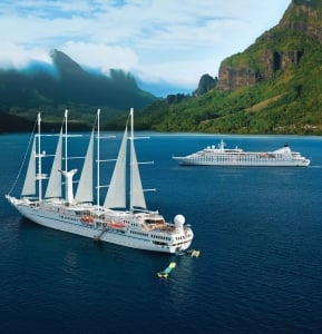Two large boats (ship and yacht) in French Polynesia